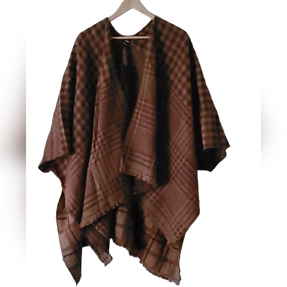 Steve Madden Multi-Plaid Ruana Brown Tan Olive Poncho Shawl One Size